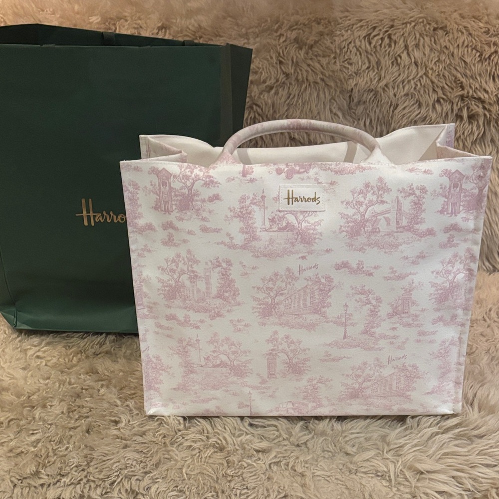 Harrods Pink and White Toile Shopper Tote